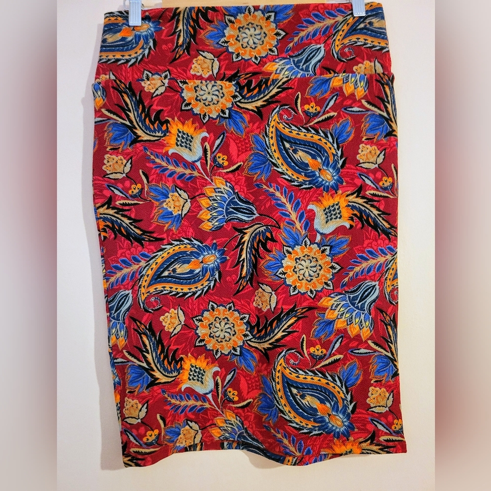 LuLaRoe Orange Vibrant Colorful Paisley Boho Stretchy Pencil Skirt, M, EUC